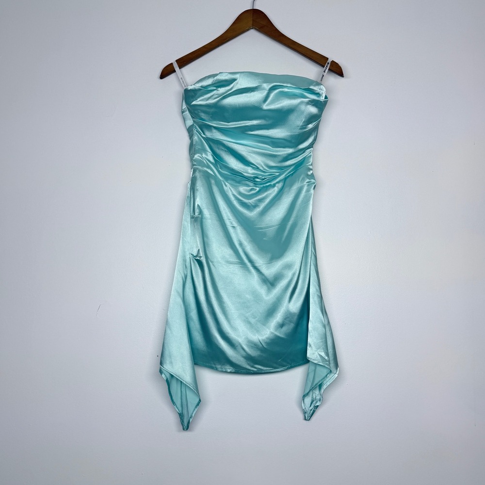 Aqua Blue Satin Strapless Ruched Handkerchief Hem Mini Dress Size 2